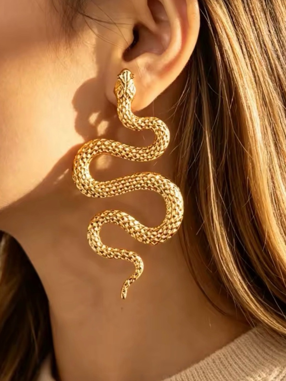 Gold color tone Snake Drop Earrings — Women Jewelry